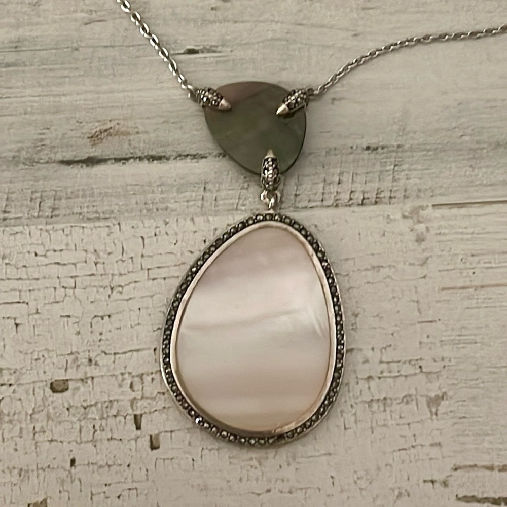 Judith Jack Sterling Silver Mother of Pearl Marcasite Pendant Necklace - Picture 2 of 8
